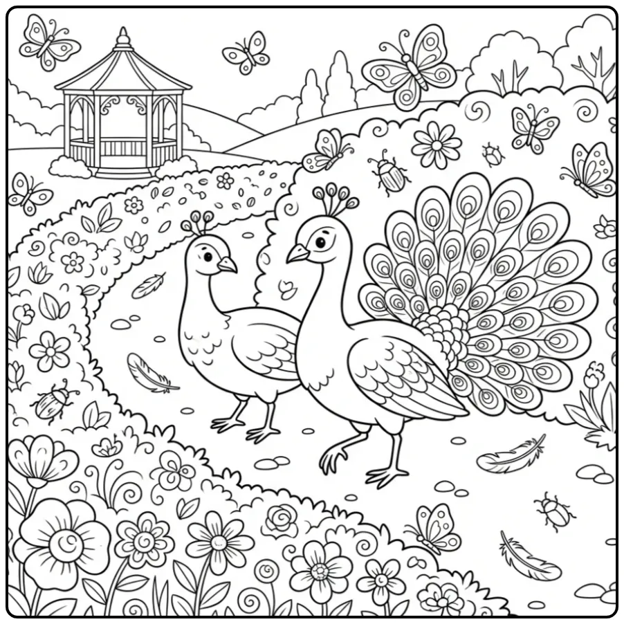 Kleurplaat pauw en hennetje wandelen samen langs de heg.