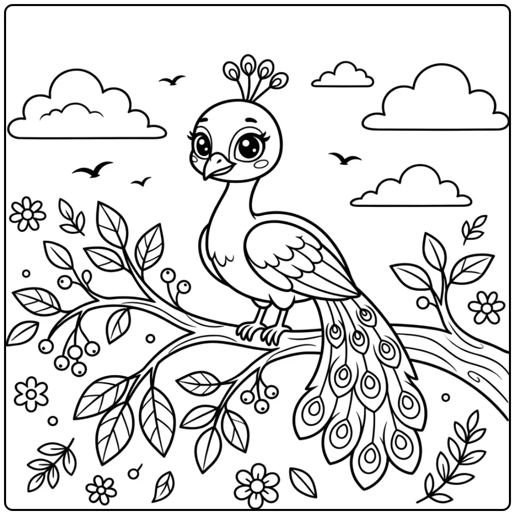 Mooie kleurplaat pauw op een tak met bessen en vogels.