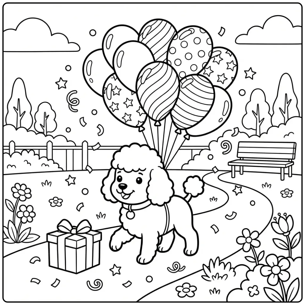 Een vrolijke kleurplaat poedel met ballonnen in het park.