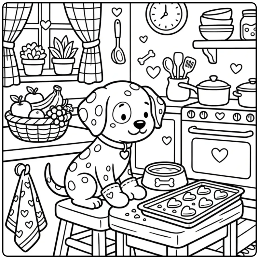 Kleurplaat puppy Dalmatiër bakt koekjes in de keuken.