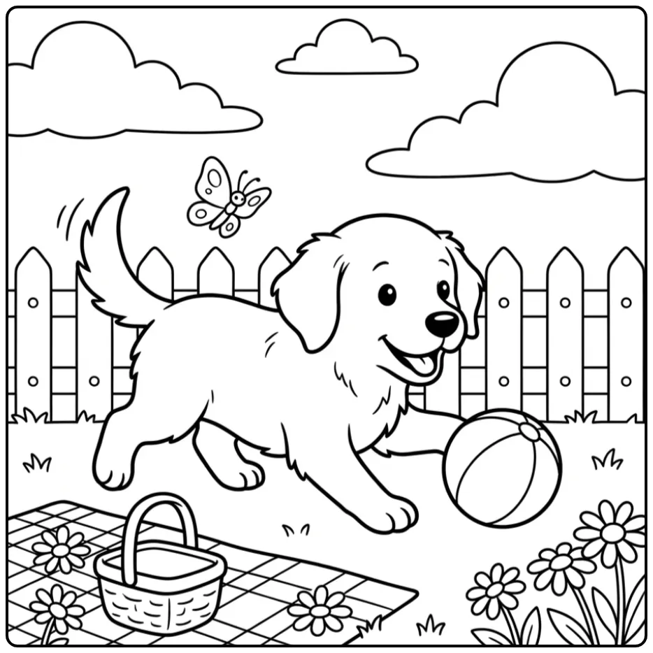 Golden Retriever kleurplaat puppy vangt een zachte bal.