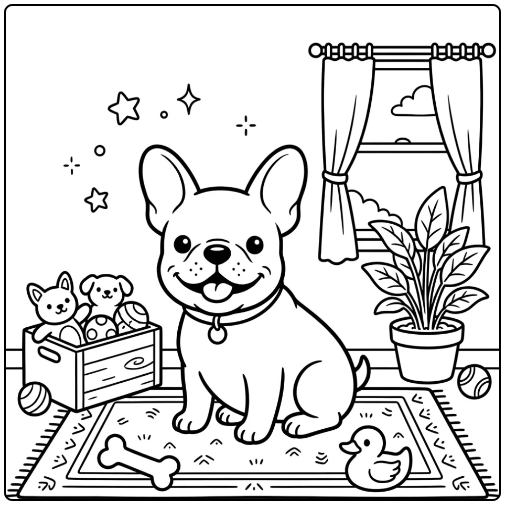 Vrolijke kleurplaat puppy Franse Bulldog met speelgoed.