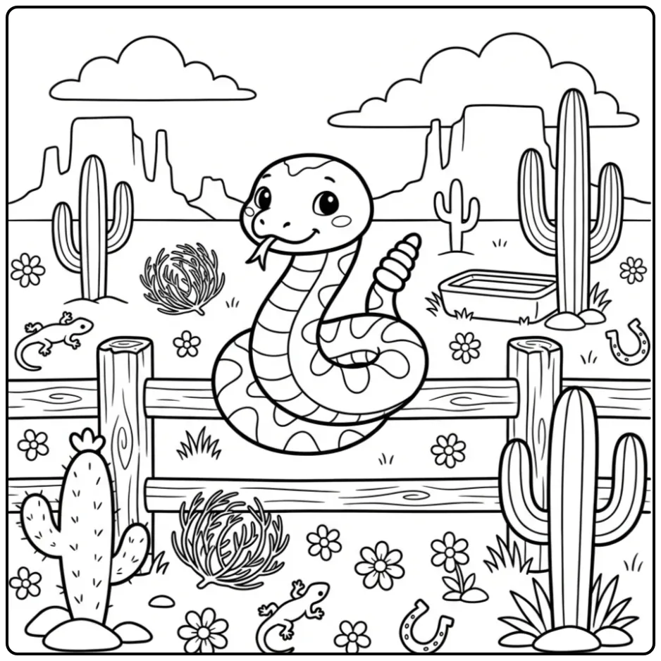 Leuke kleurplaat ratelslang op een hek in de woestijn.