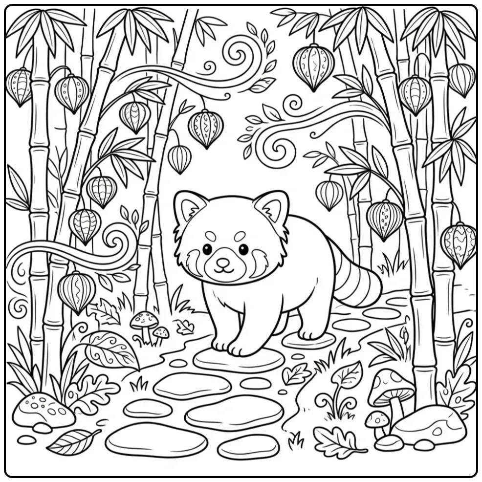 Kleurplaat rode panda wandelend op een pad in het bamboebos.