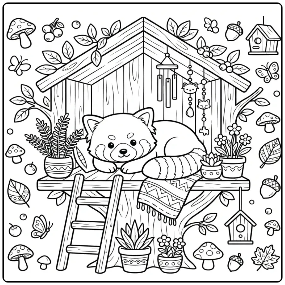 Kleurplaat rode panda rustend in een gezellige boomhut.