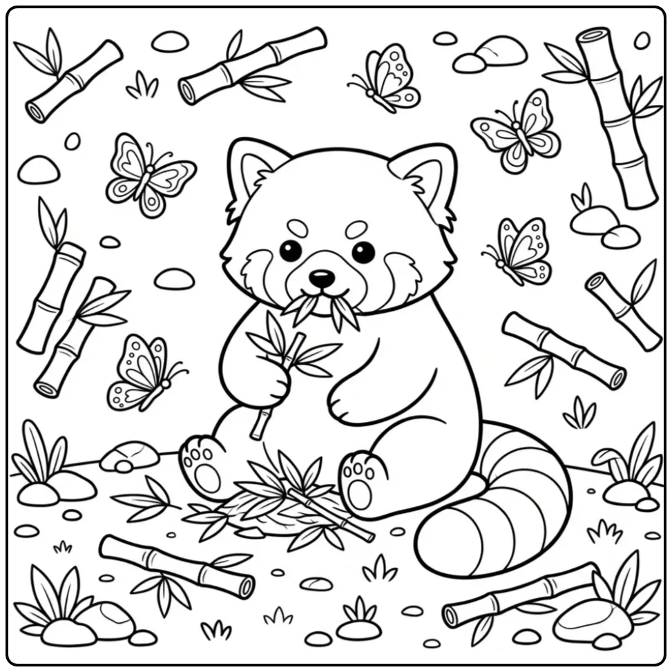 Een kleurplaat rode panda die bamboe eet en zit.