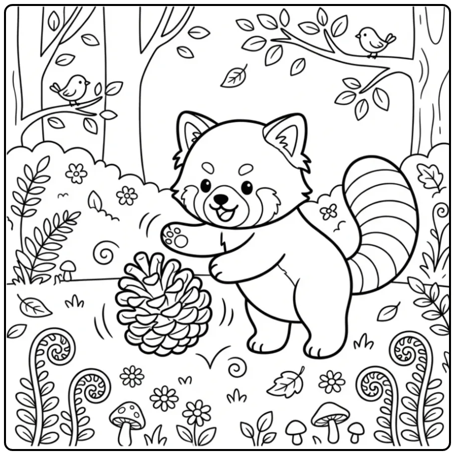 Lieve kleurplaat rode panda tussen varens en bloemen.