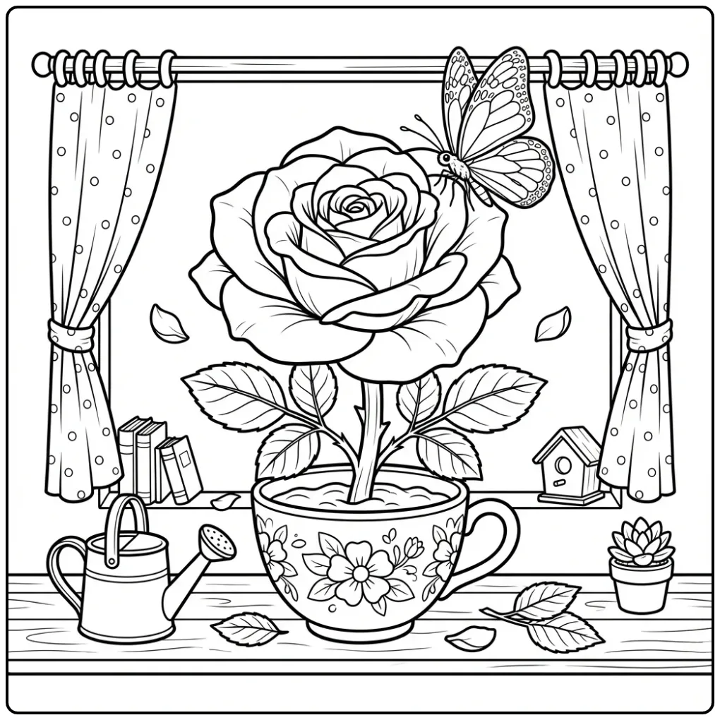 Vrolijke kleurplaat roos en vlinder op de vensterbank.