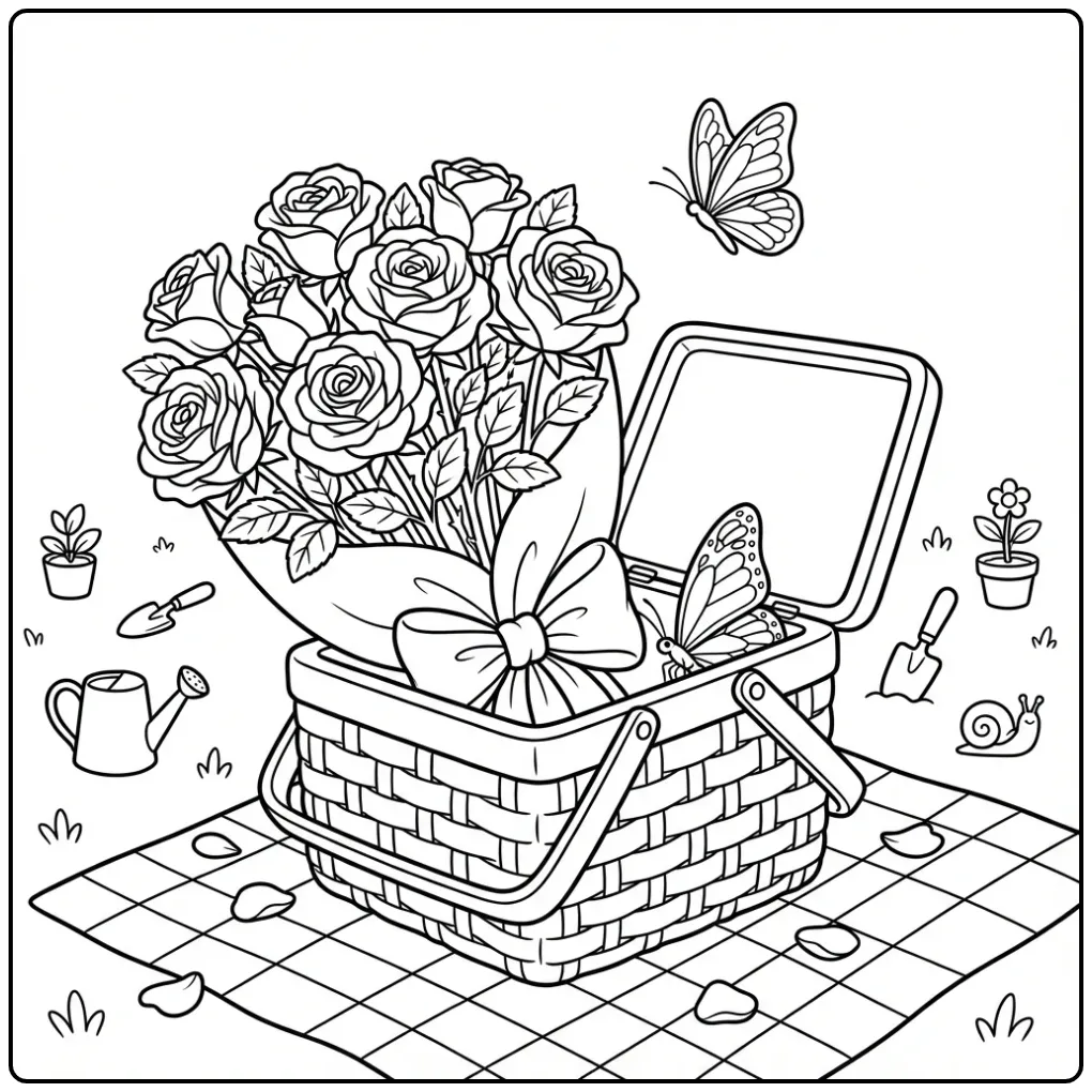Picknickmand kleurplaat roos en vlinder met strik.