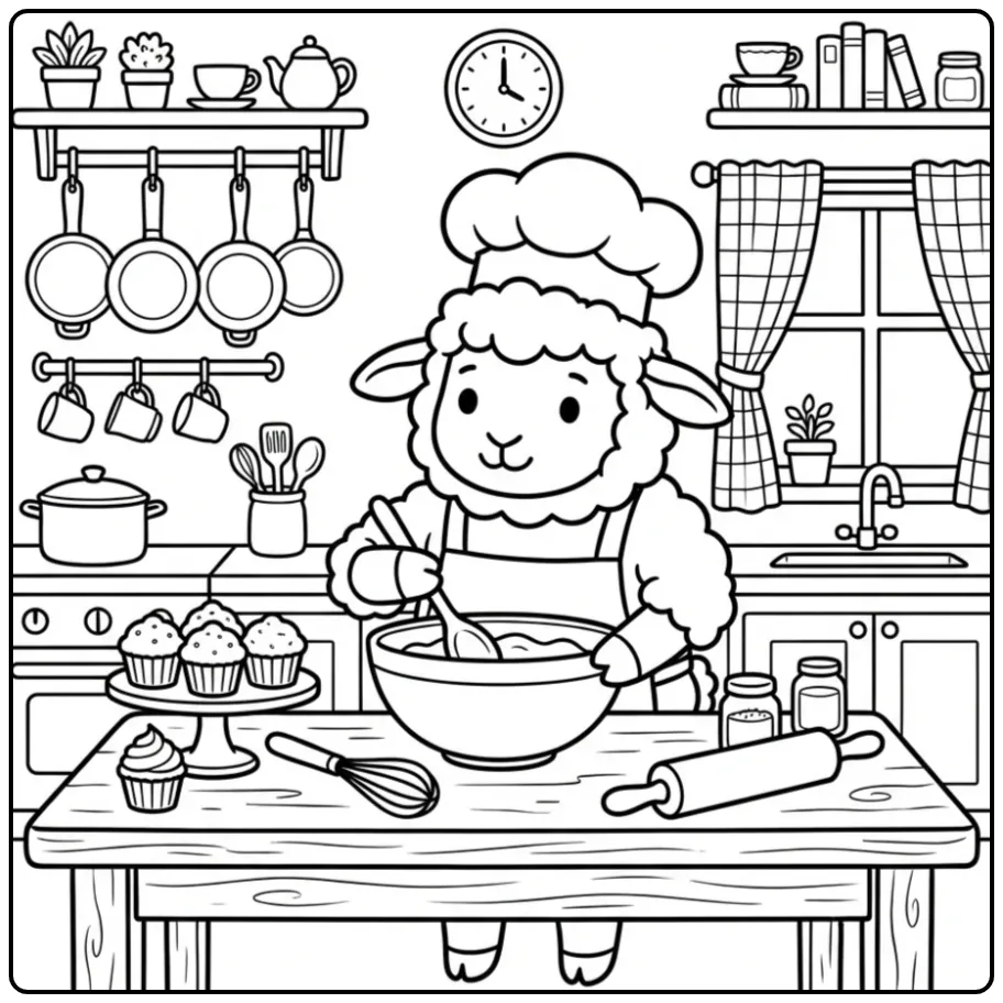 Kleurplaat schaap als vrolijke chef-kok in de keuken.