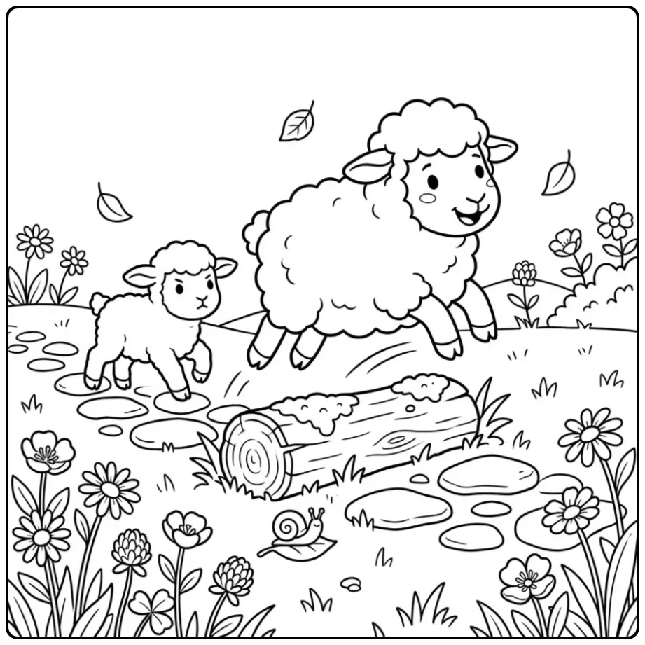 Kleurplaat schaap en lammetje springen vrolijk over een boomstam.