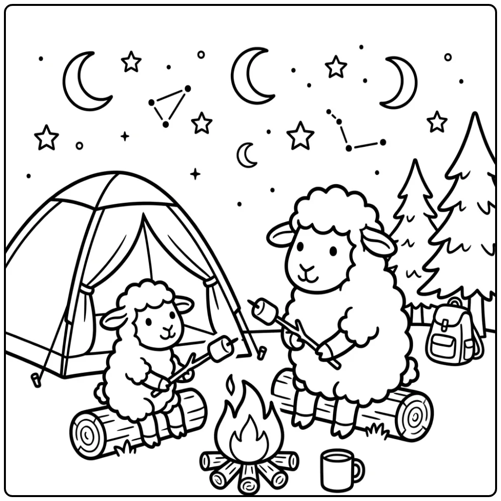 Kleurplaat schaap roostert marshmallows bij het kampvuur.
