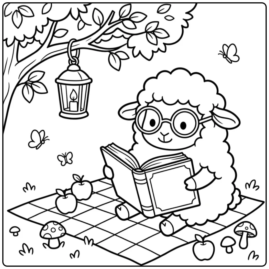 Kleurplaat schaap lezend op een picknickkleed bij een boom.