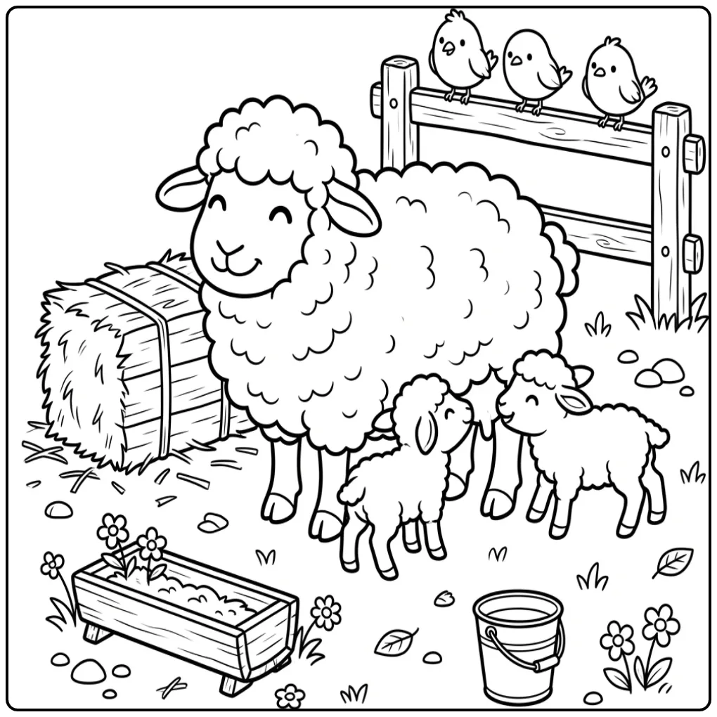 Leuke kleurplaat schaap met lammetjes bij de hooibaal.