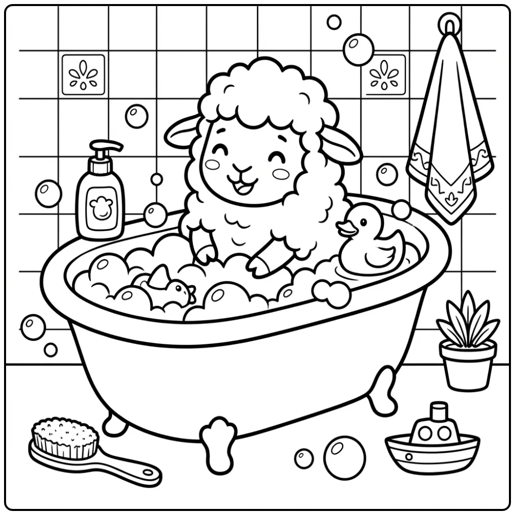 Vrolijke kleurplaat schaap peuter in bad met een eendje.