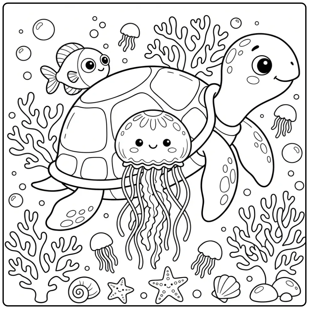 Onderwater Kleurplaat schildpad en een kwal met koraal.