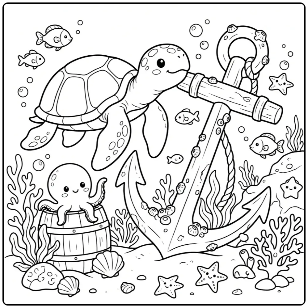 Een leuke kleurplaat schildpad die zwemt bij een oud anker.