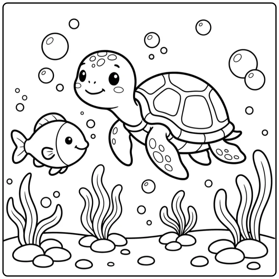 Eenvoudige kleurplaat schildpad makkelijk onder water.