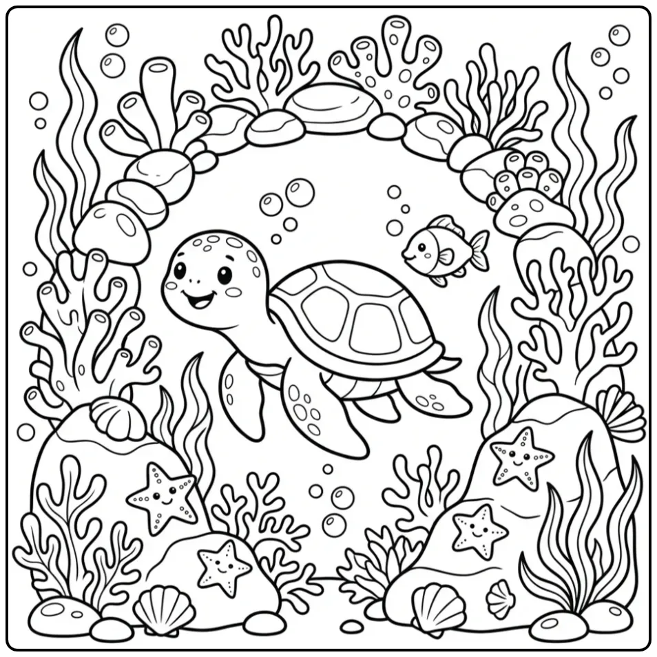 Een vrolijke kleurplaat schildpad zwemt door het koraal.