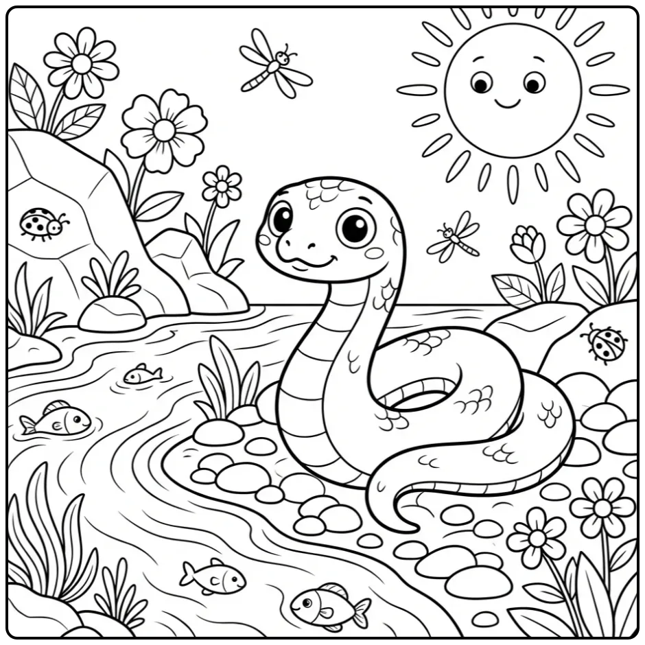 Vrolijke kleurplaat slang op de oever van een rivier.