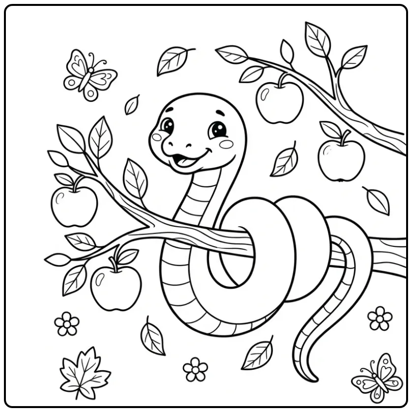 Leuke kleurplaat slang in boom met vallende appels en bladeren.