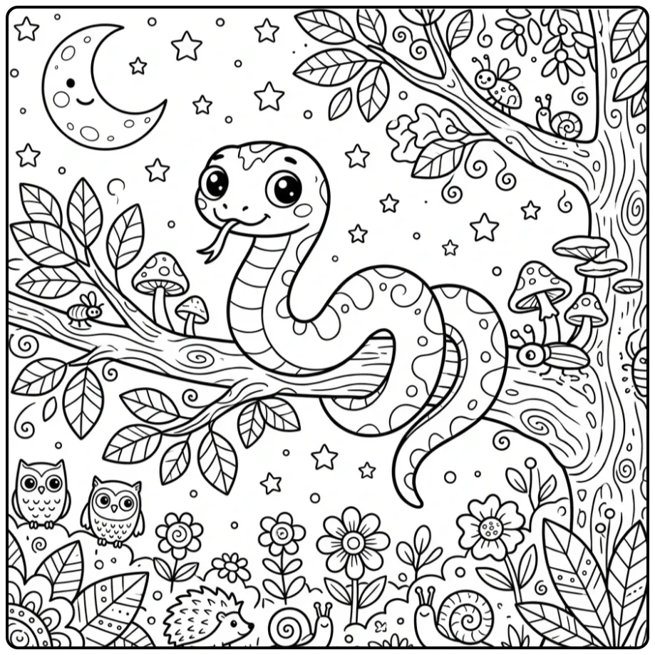 Een leuke kleurplaat slang op een tak met maan en sterren.