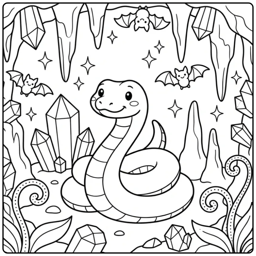 Een blije kleurplaat slang tussen fonkelende edelstenen.