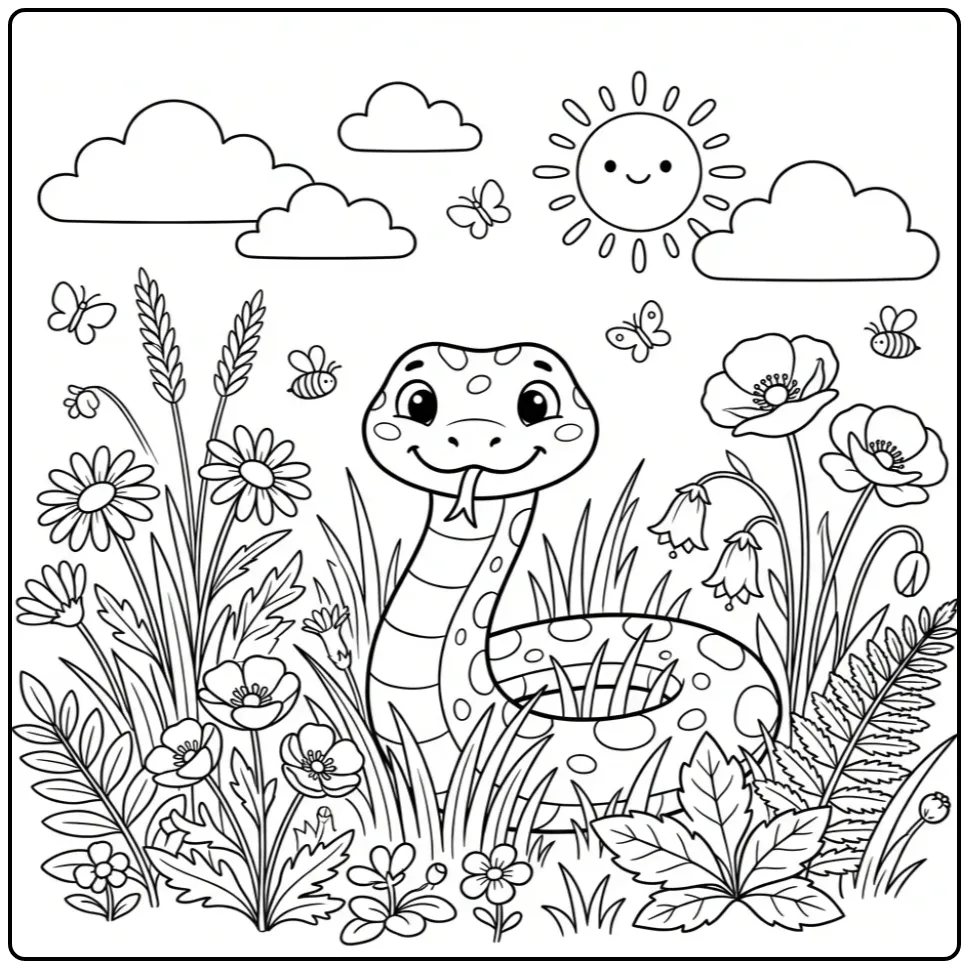 Lieve kleurplaat slang kijkt uit het hoge gras.