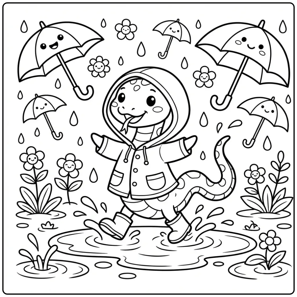 Vrolijke kleurplaat slang stampt in plassen met regenjas.
