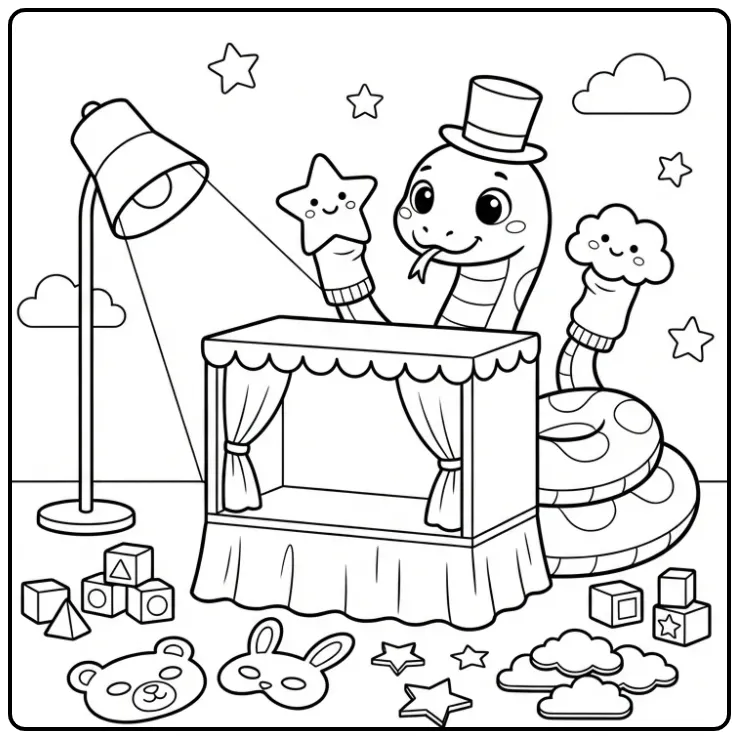 Een vrolijke kleurplaat slang in een poppenkast theater.