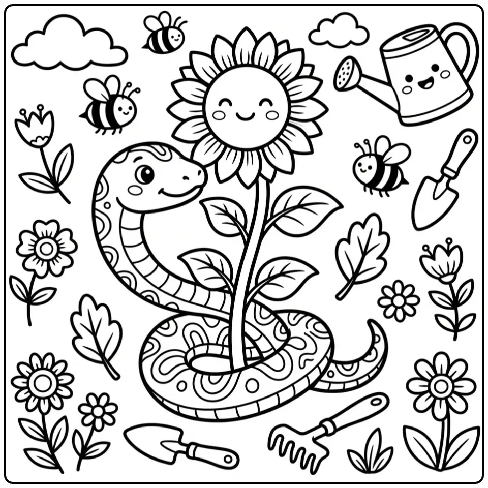 Lieve kleurplaat slang knuffelt een bloem in de tuin.
