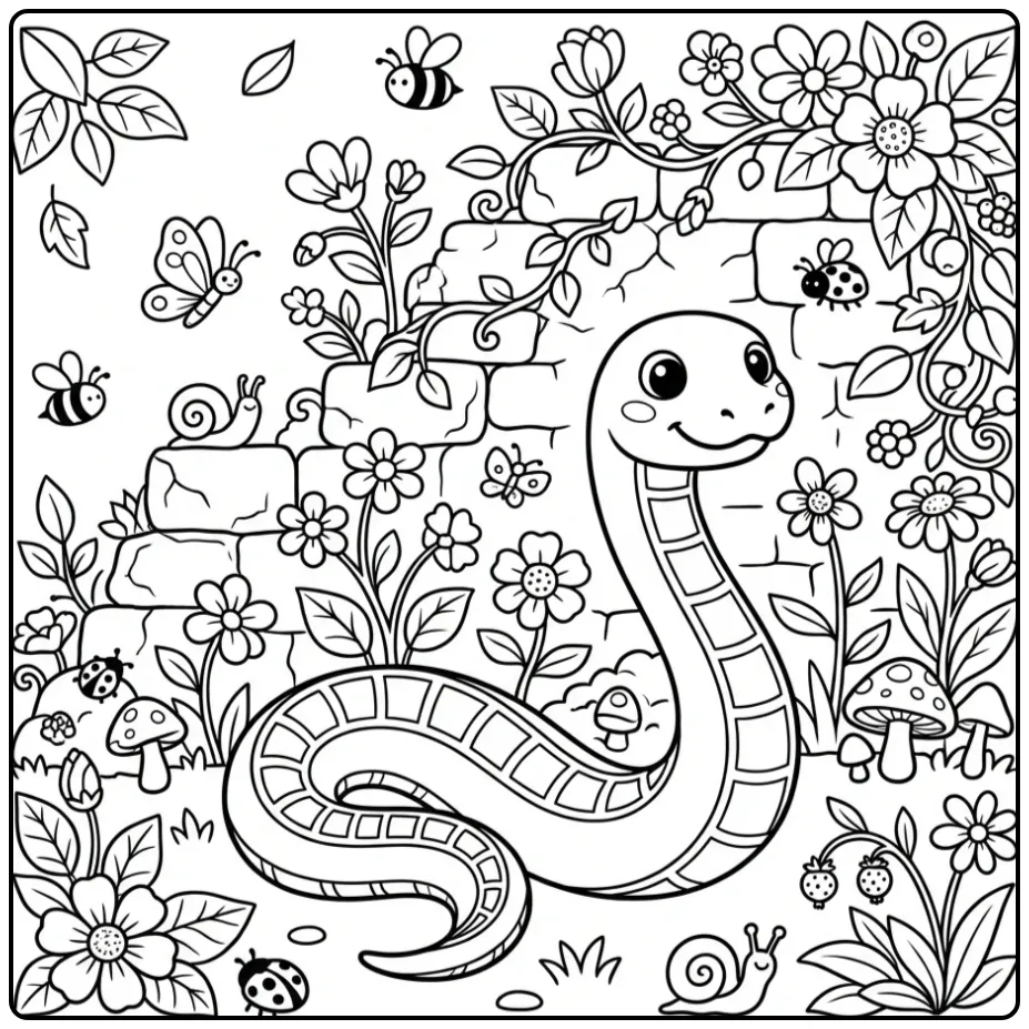 Een vrolijke kleurplaat slang bij een stenen muur met bloemen.