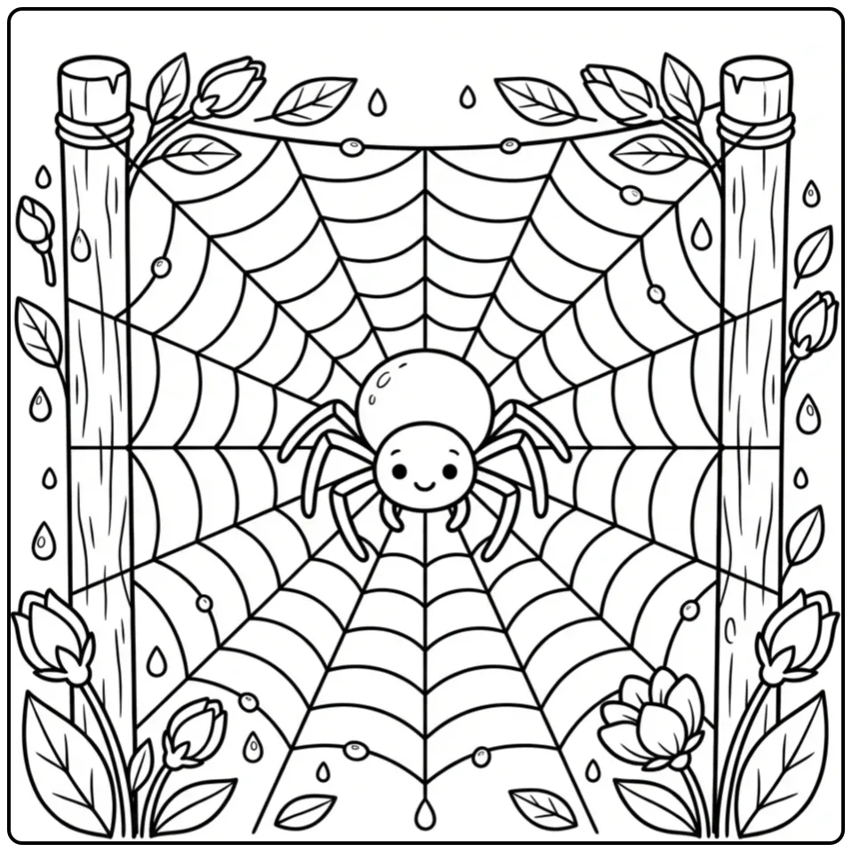 Leuke kleurplaat spinnenweb met spin en dauwdruppels
