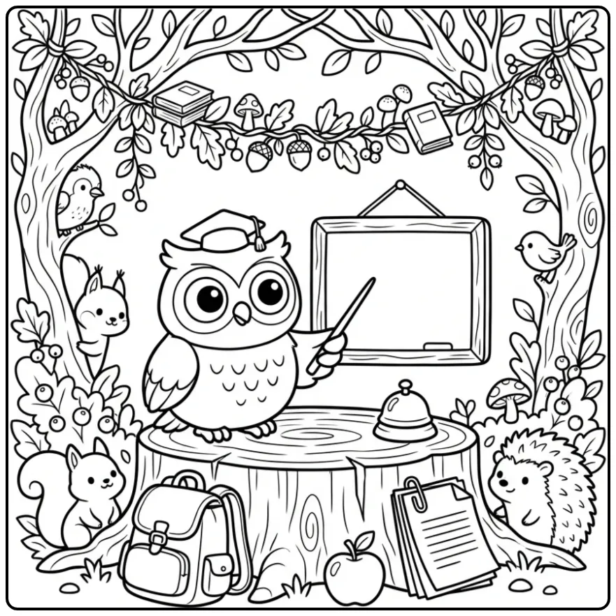 Wijze leraar kleurplaat uil bij het schoolbord.