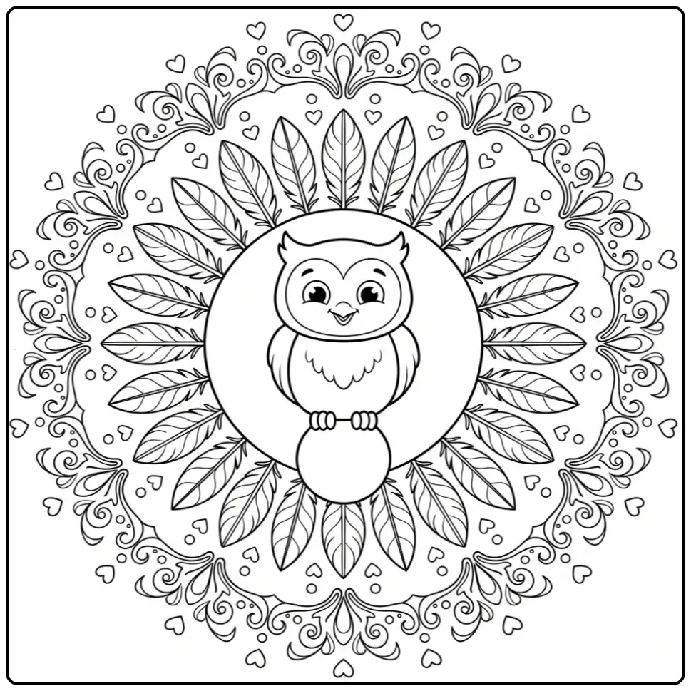 Ronde kleurplaat uil mandala met veren en harten.