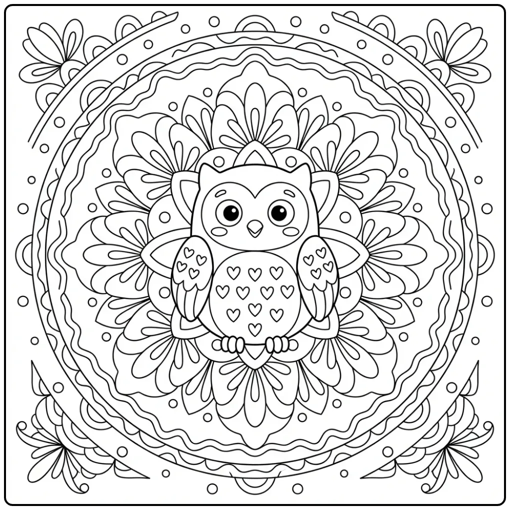 Ronde kleurplaat uil mandala in cartoonstijl.