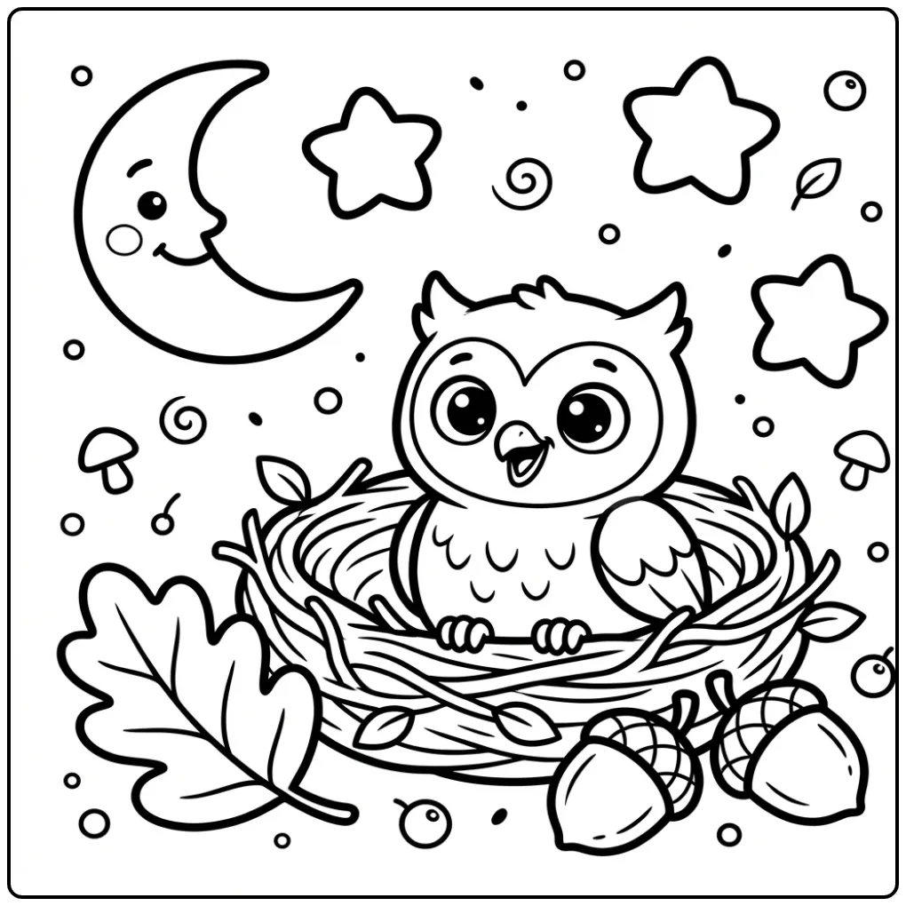Eenvoudige kleurplaat uil peuters in een nestje.
