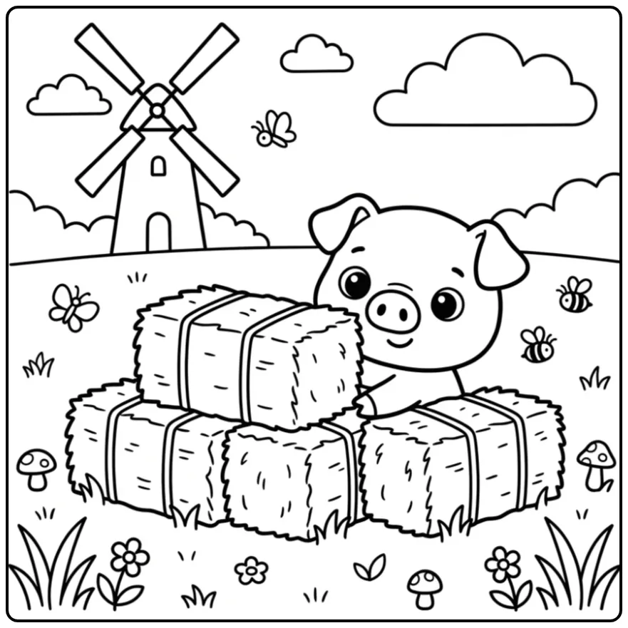 Lief biggetje bij een molen als kleurplaat varken.