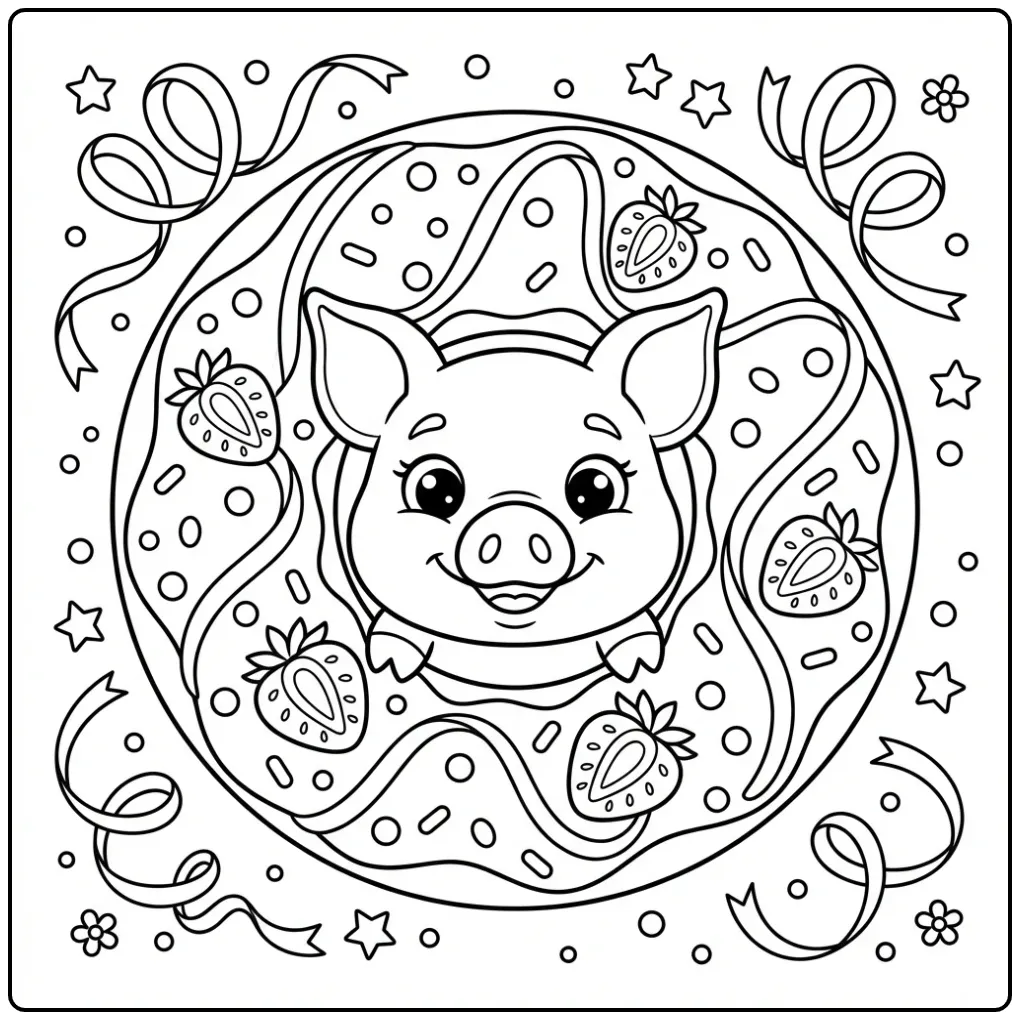 Vrolijke kleurplaat varken hoofd in een donut frame.