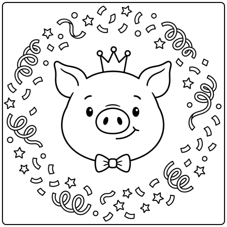 Feestelijk kleurplaat varken hoofd met kroontje en strik.