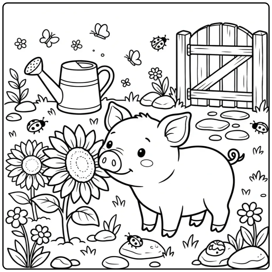 Een vrolijke kleurplaat varken snuffelt aan een zonnebloem.