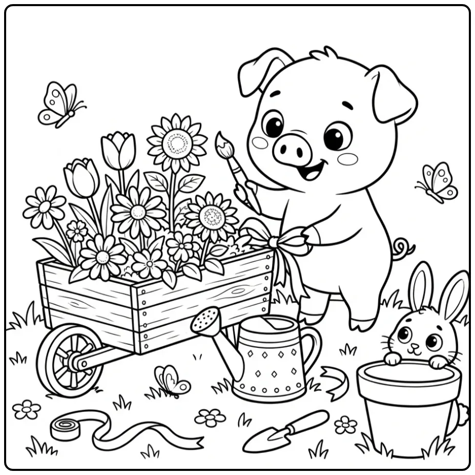 Een vrolijke kleurplaat varken dat een bloemenkar versiert
