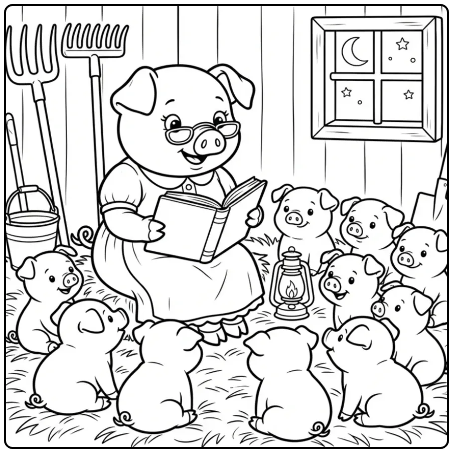 Moedervarken leest voor op deze kleurplaat varken met biggetjes.