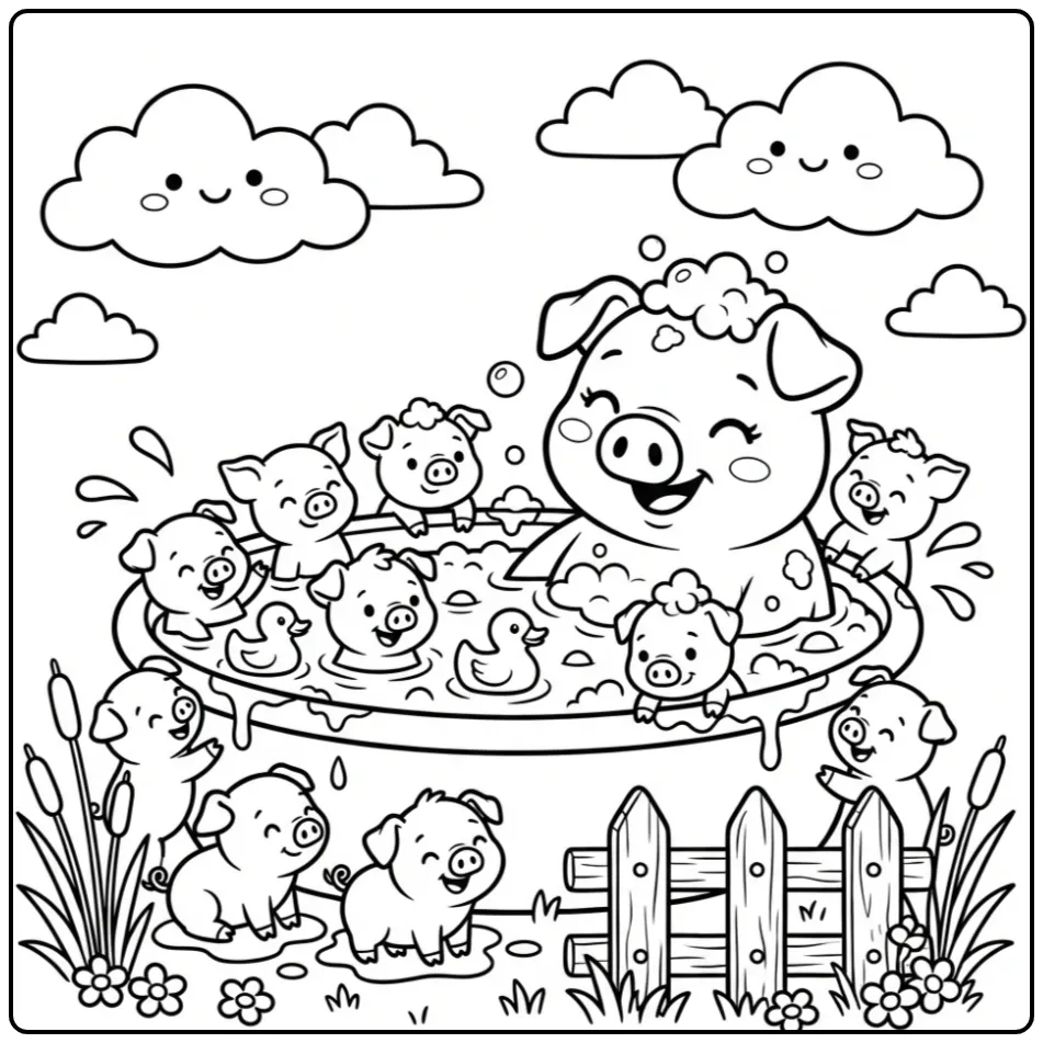 Leuke kleurplaat varken met biggetjes in bad met eendjes.