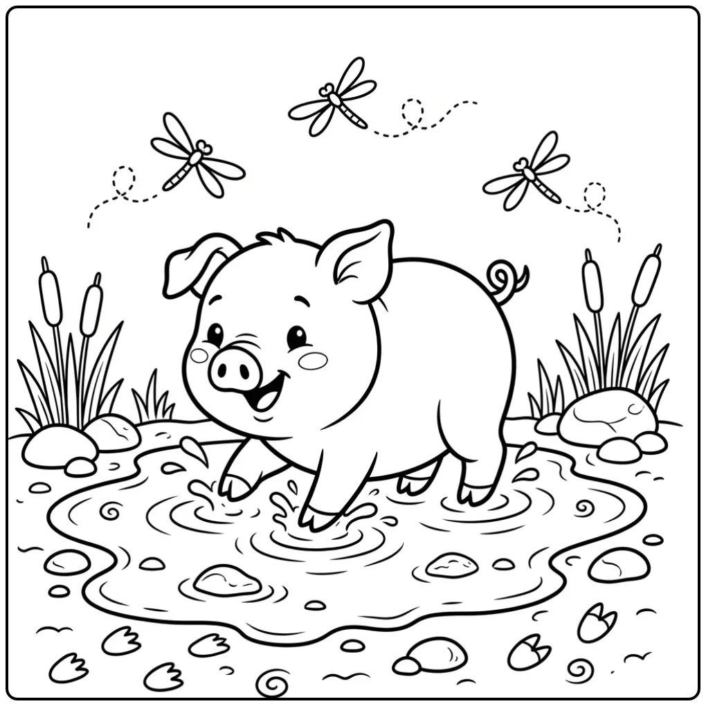 Kleurplaat varken van een biggetje in een modderpoel.