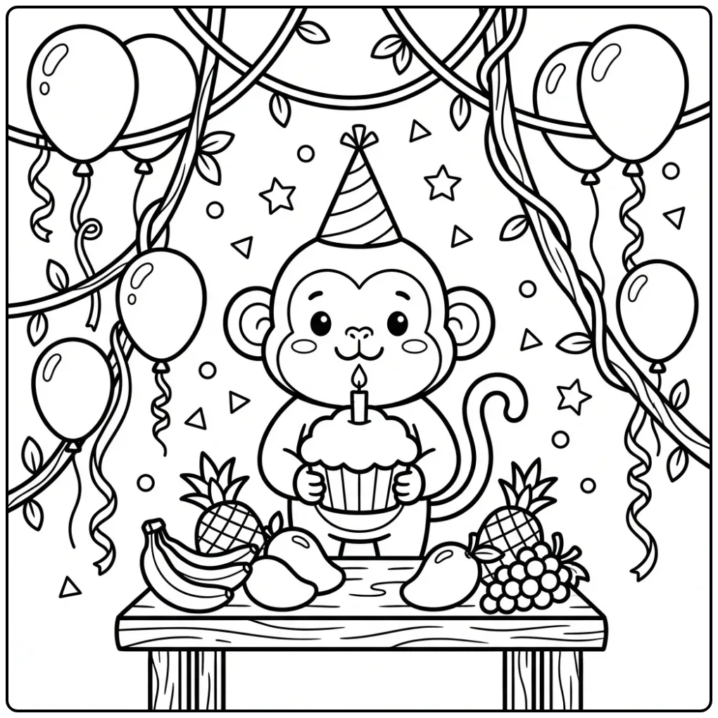 Vrolijke kleurplaat verjaardag aap met feestmuts en fruit.