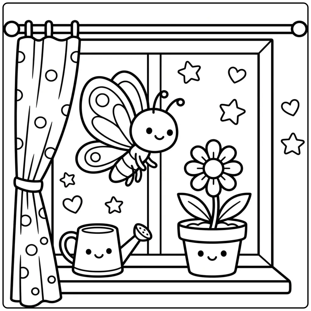 Leuke kleurplaat vlinder peuter op de vensterbank.