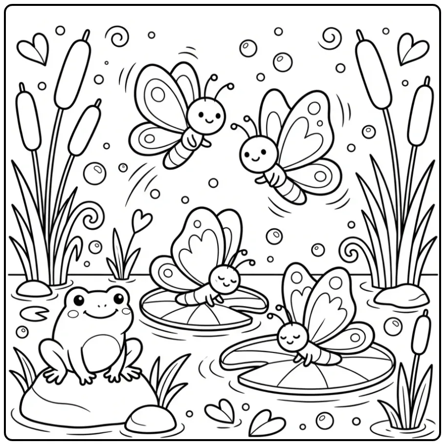 Een vrolijke kleurplaat vlinders die racen boven de vijver.