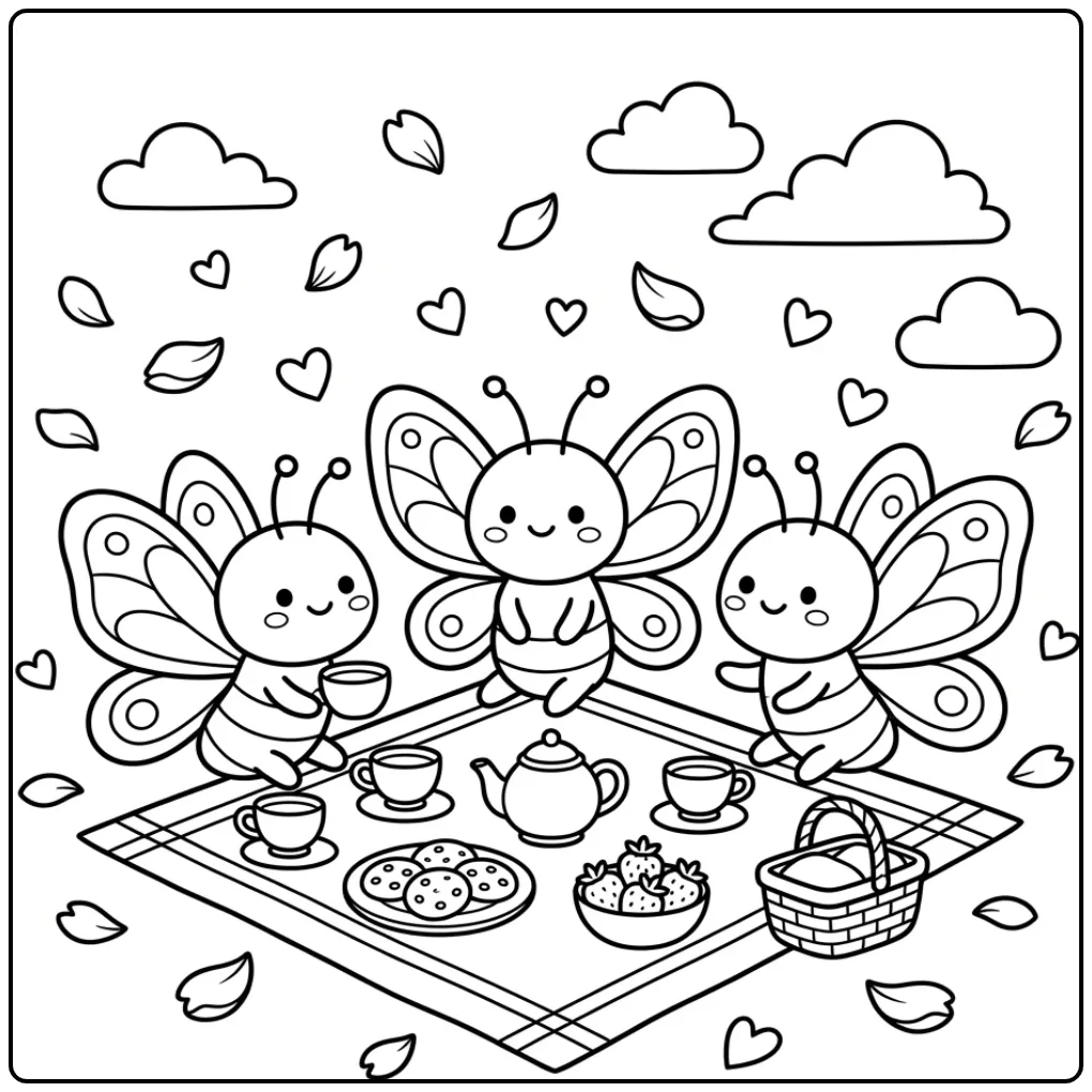 Vrolijke kleurplaat vlinders op een picknickkleed met thee