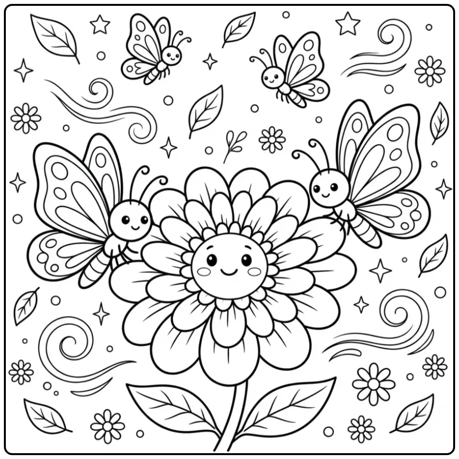 Vrolijke kleurplaat vlinders bij een grote bloem.